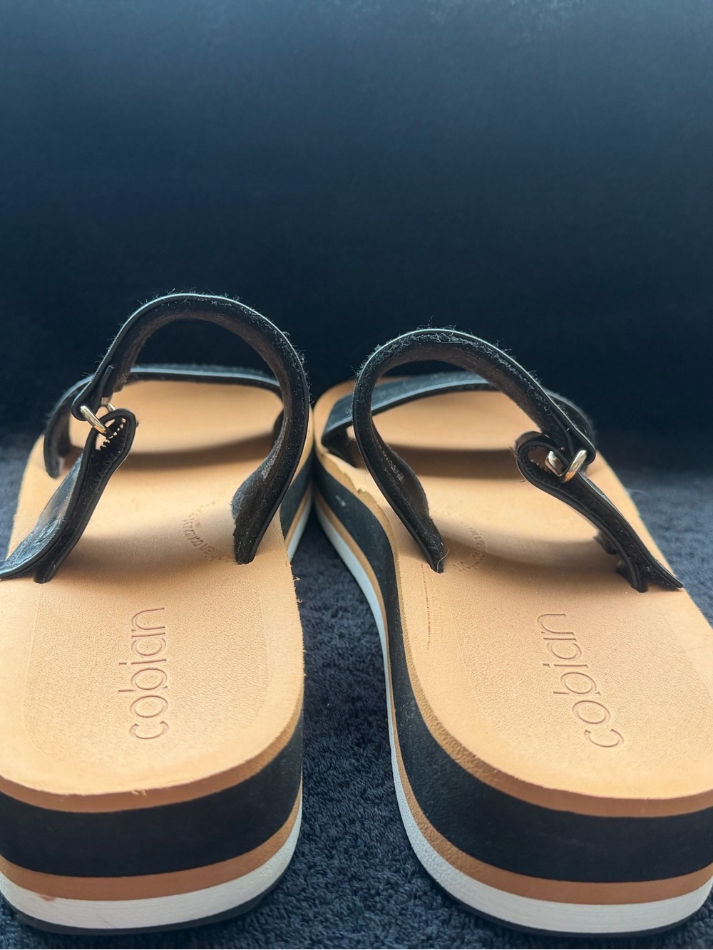 Cobian Women’s Black Strappy Platform Sandals with Tan Footbed